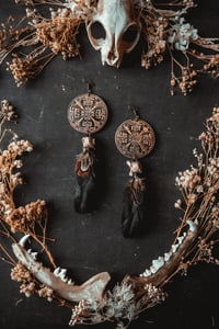 Image 2 of Relics etched brass and feather earrings