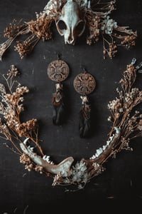 Image 1 of Relics etched brass and feather earrings