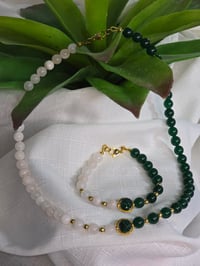 Image 1 of Natural Stone Green Jade and Rose Quartz Necklace Bracelet Set