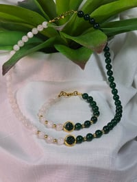 Image 3 of Natural Stone Green Jade and Rose Quartz Necklace Bracelet Set