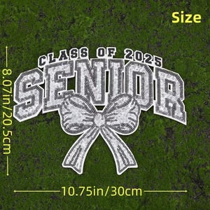 Image of Class of 2025 Senior Sequin Bow Design Iron-On Patch, Silver and White