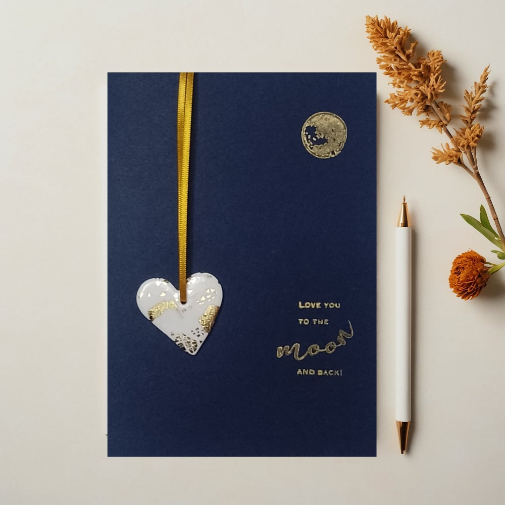 Image of 'Love You To The Moon And Back' Card With Keepsake Heart Finished In Gold Or Silver Leaf