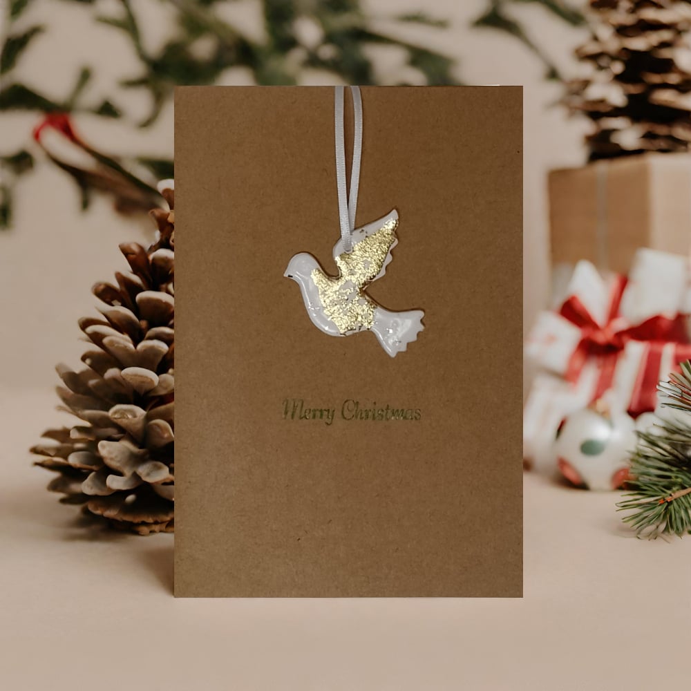 Image of 'Merry Christmas' Card With Dove Keepsake Finished In Gold Or Silver Leaf