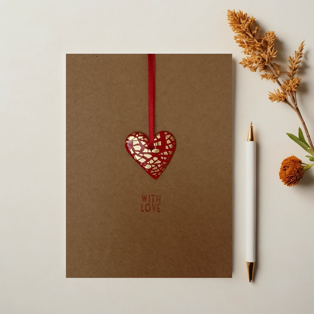 Image of 'With Love' Card With Heart Keepsake Finished With Gold Or Silver Leaf