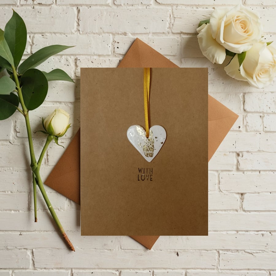 Image of 'With Love' Card With Heart Keepsake Finished With Gold Or Silver Leaf