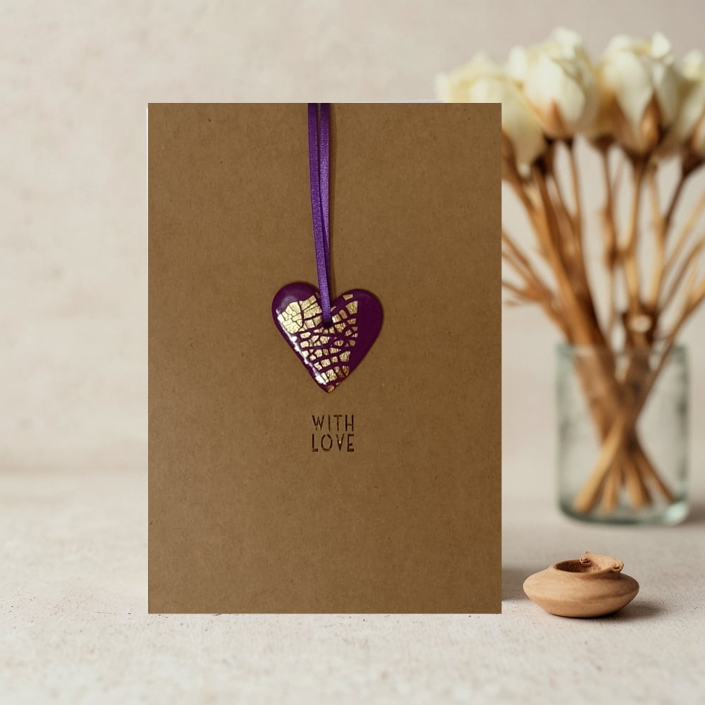 Image of 'With Love' Card With Heart Keepsake Finished With Gold Or Silver Leaf