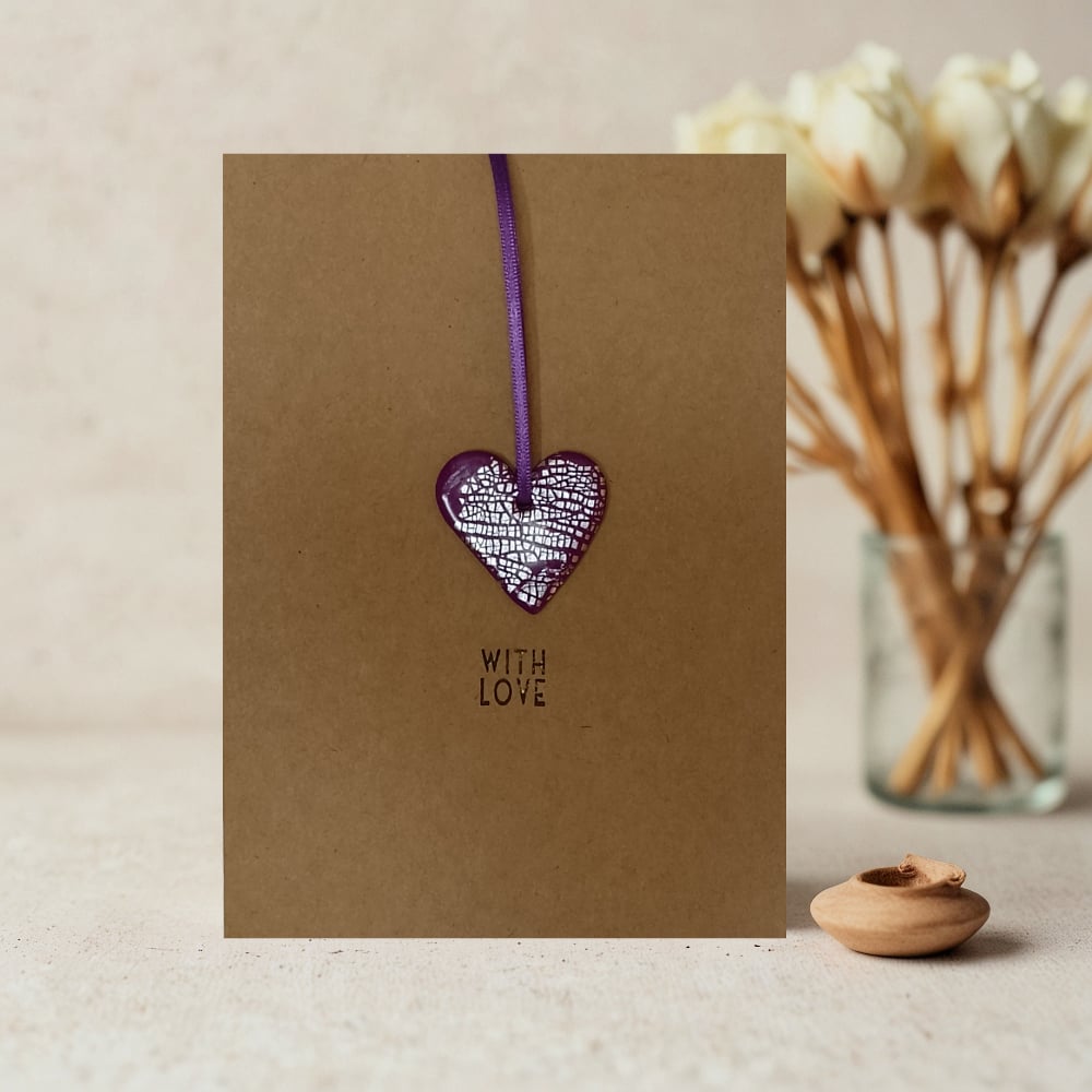 Image of 'With Love' Card With Heart Keepsake Finished With Gold Or Silver Leaf