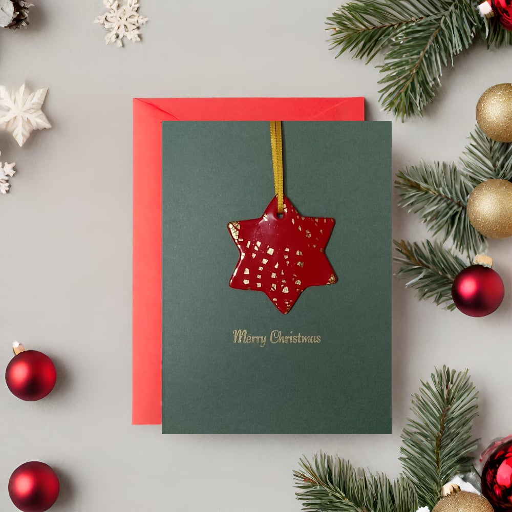 Image of 'Merry Christmas' Card With Keepsake Star Finished With Gold Or Silver Leaf