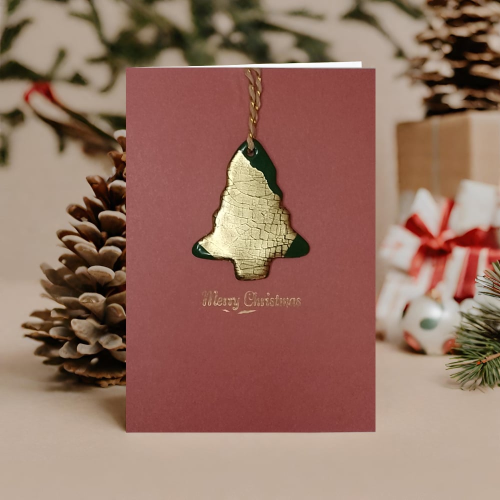Image of 'Merry Christmas' Card With Tree Keepsake Finished In Gold Leaf