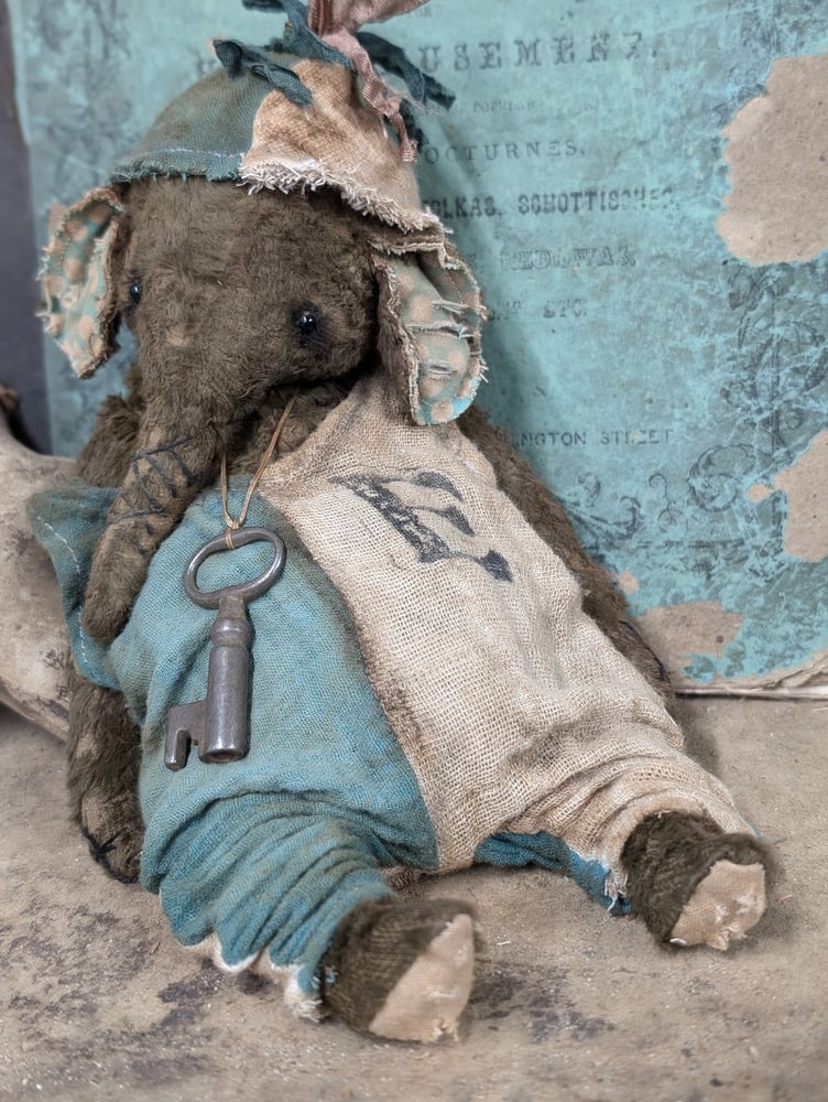 Image of 9" - old worn distressed Carnival Ellyfont in handmade romper outfit by whendi's bears