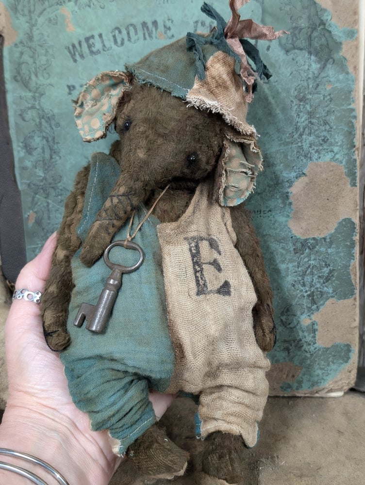 Image of 9" - old worn distressed Carnival Ellyfont in handmade romper outfit by whendi's bears