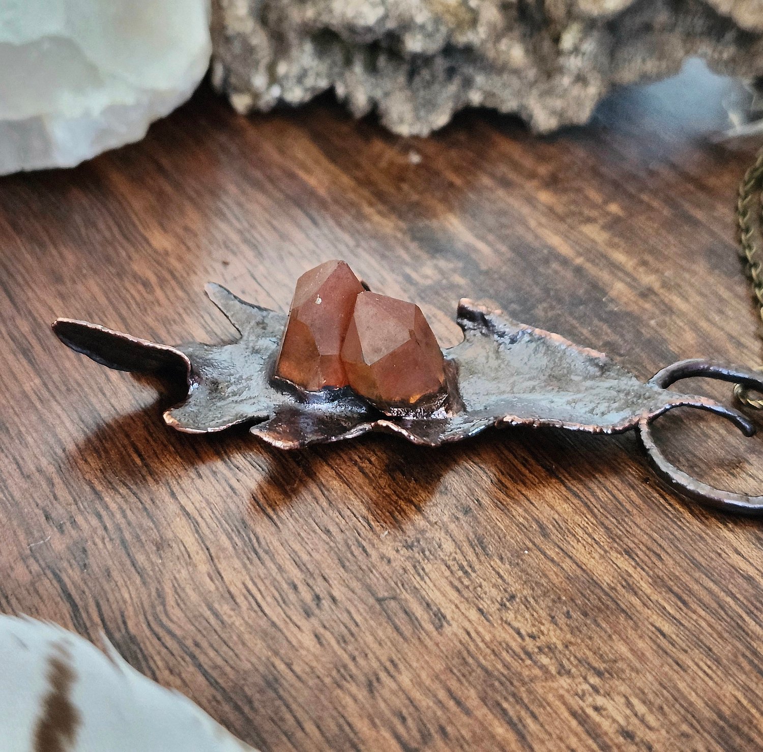 Image of Tangerine Quartz Oak Leaf Necklace 