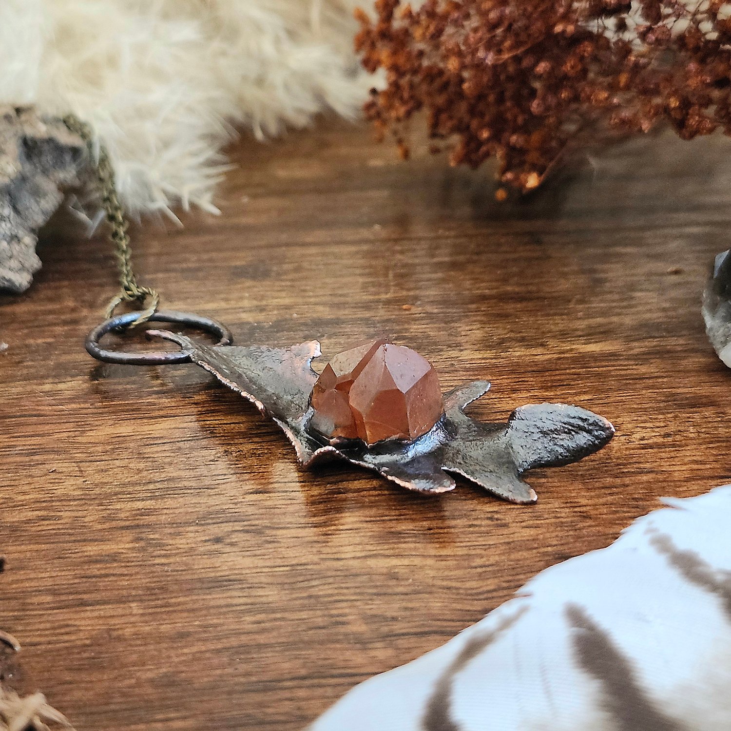 Image of Tangerine Quartz Oak Leaf Necklace 