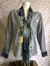 Image 1 of Jean Junky Premium Kimono Button Down Stripe Shirt W/Mixed Denim Collsr 