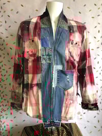 Image 1 of Jean Junky Premium Kimono, Button Down Red & Black Plaid Shirt W/Mixed Denim Collar
