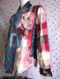 Image 3 of Jean Junky Premium Kimono, Button Down Red & Black Plaid Shirt W/Mixed Denim Collar