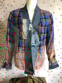 Image 1 of Jean Junky Premium Kimono Button Down Bleached Blue Plaid Shirt, Denim Collar