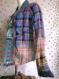 Image 3 of Jean Junky Premium Kimono Button Down Bleached Blue Plaid Shirt, Denim Collar