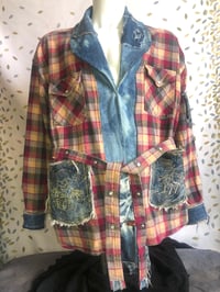Image 1 of Jean Junky Premium Kimono Shirt Jacket Wool Plaid, Flared Denim Collar 