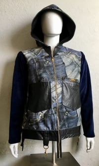 Image 1 of Jean Junky Premium Jean Camouflage Print. Zip Down Hoodie, Blue Velour Sleeves W/Leather Accent 