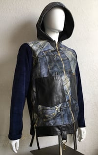 Image 3 of Jean Junky Premium Jean Camouflage Print. Zip Down Hoodie, Blue Velour Sleeves W/Leather Accent 