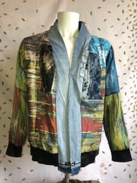 Image 1 of Jean Junky Premium Woven Silk Type Fabric  Kimono Jacket, Faded Denim Collar W/ Denim Patches