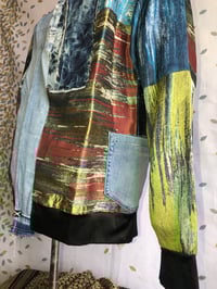 Image 2 of Jean Junky Premium Woven Silk Type Fabric  Kimono Jacket, Faded Denim Collar W/ Denim Patches