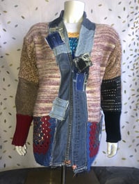 Image 1 of Jean Junky Premium Patchwork Knitted Kimono Sweater, Denim Patchwork Collar