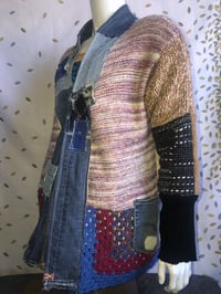 Image 3 of Jean Junky Premium Patchwork Knitted Kimono Sweater, Denim Patchwork Collar