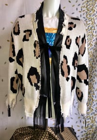 Image 1 of Jean Junky Premium Leopard Woven Sweater Knit Kimono Cardigan, Lambskin Leather Collar, Suede Accent