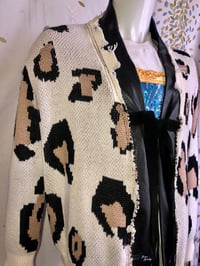 Image 2 of Jean Junky Premium Leopard Woven Sweater Knit Kimono Cardigan, Lambskin Leather Collar, Suede Accent