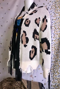 Image 3 of Jean Junky Premium Leopard Woven Sweater Knit Kimono Cardigan, Lambskin Leather Collar, Suede Accent
