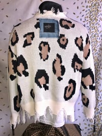 Image 4 of Jean Junky Premium Leopard Woven Sweater Knit Kimono Cardigan, Lambskin Leather Collar, Suede Accent