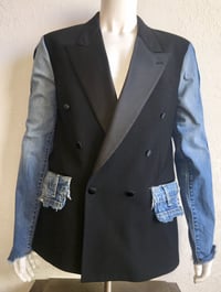 Image 2 of Jean Junky Premium Upcycled Black Christian Dior Tuxedo Jacket With Faded Denim Sleeve &Pocket Flap 