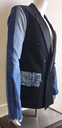 Image 4 of Jean Junky Premium Upcycled Black Christian Dior Tuxedo Jacket With Faded Denim Sleeve &Pocket Flap 