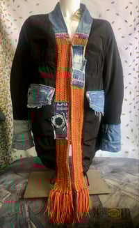 Image 1 of Jean Junky Premium Black Puffy Nylon Kimono Jacket, Faded Denim Collar & Orange Knitted Sweater Trim