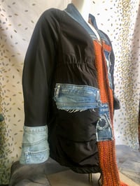 Image 2 of Jean Junky Premium Black Puffy Nylon Kimono Jacket, Faded Denim Collar & Orange Knitted Sweater Trim