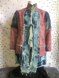 Image 1 of Jean Junky Premium Reddish Wool Plaid Denim Kimono Jacket, Bleached Marbled Effect Denim Contrast