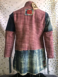 Image 4 of Jean Junky Premium Reddish Wool Plaid Denim Kimono Jacket, Bleached Marbled Effect Denim Contrast