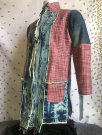 Image 2 of Jean Junky Premium Reddish Wool Plaid Denim Kimono Jacket, Bleached Marbled Effect Denim Contrast