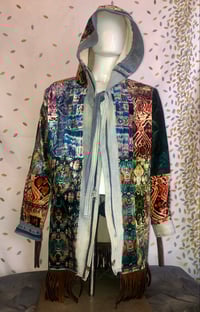 Image 1 of Jean Junky Premium Paisley Velvet Patchwork Hooded Kimono Jacket W/Faded Denim Collar