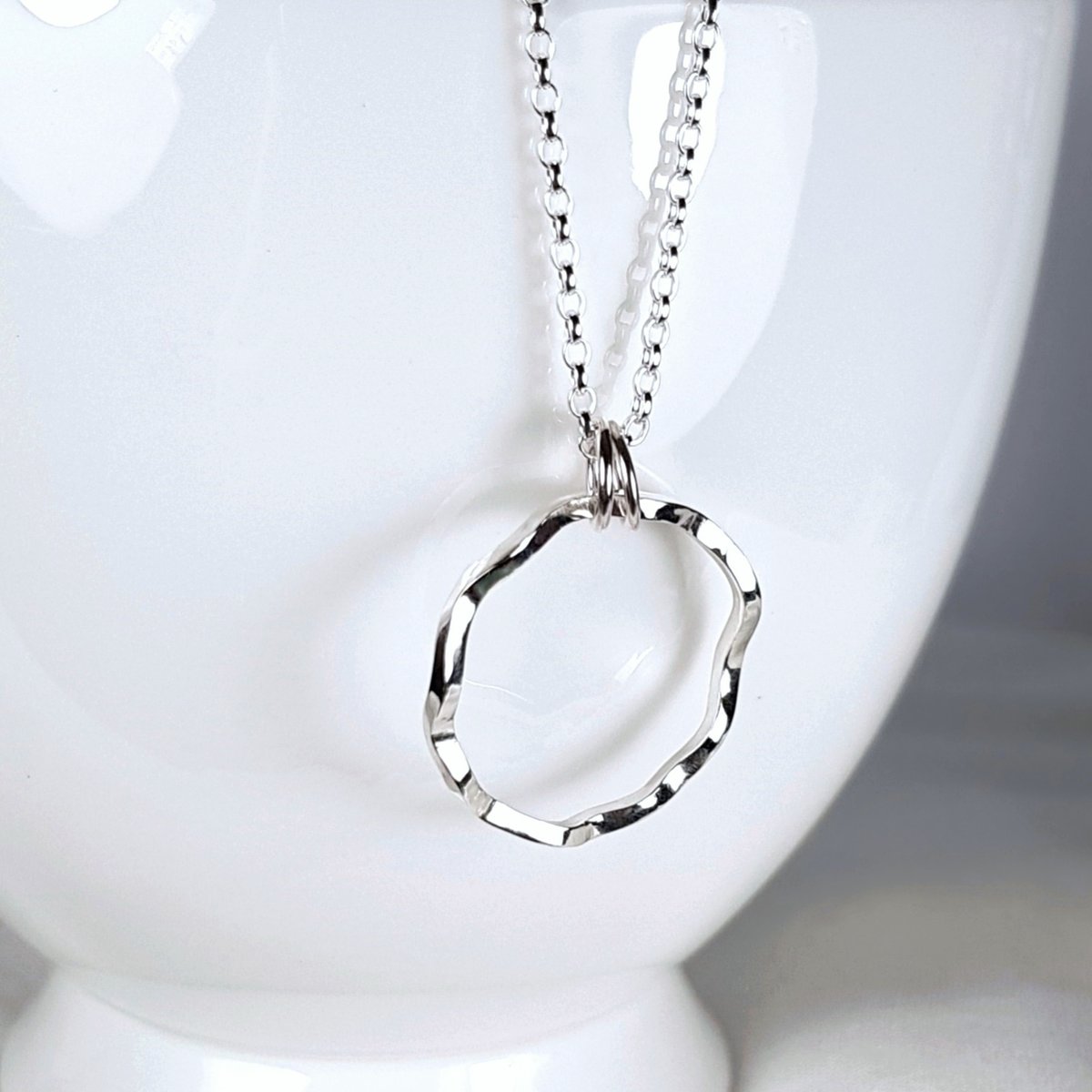Image of Wavy Silver Circle Necklace, Handmade Sterling Silver Hoop Pendant, Sustainable Jewellery UK