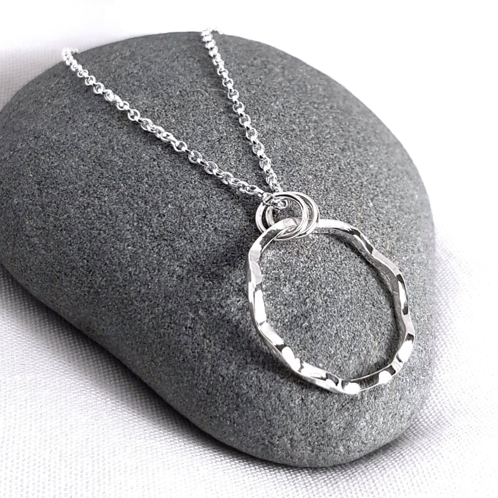 Image of Wavy Silver Circle Necklace, Handmade Sterling Silver Hoop Pendant, Sustainable Jewellery UK