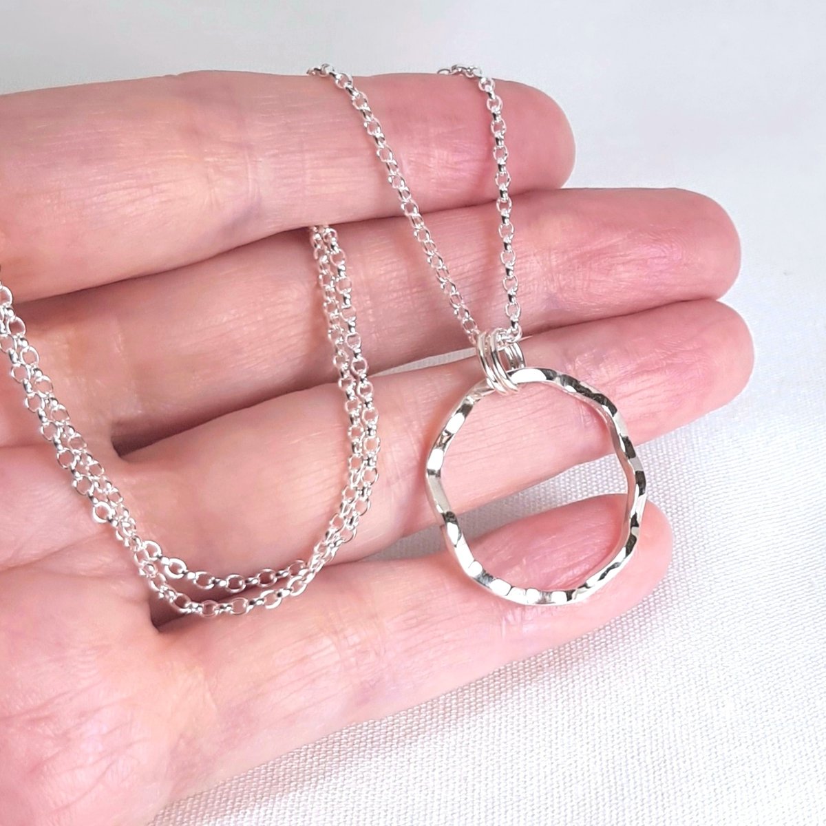 Image of Wavy Silver Circle Necklace, Handmade Sterling Silver Hoop Pendant, Sustainable Jewellery UK