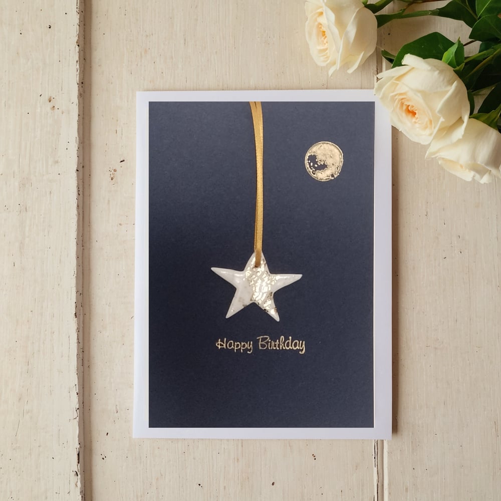 Image of 'Happy Birthday' Card With Keepsake Star Finished In Gold Or Silver Leaf