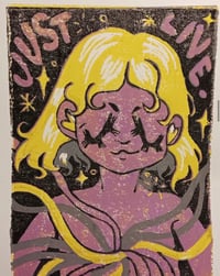 Just Live. Original Reduction Linocut Print A5