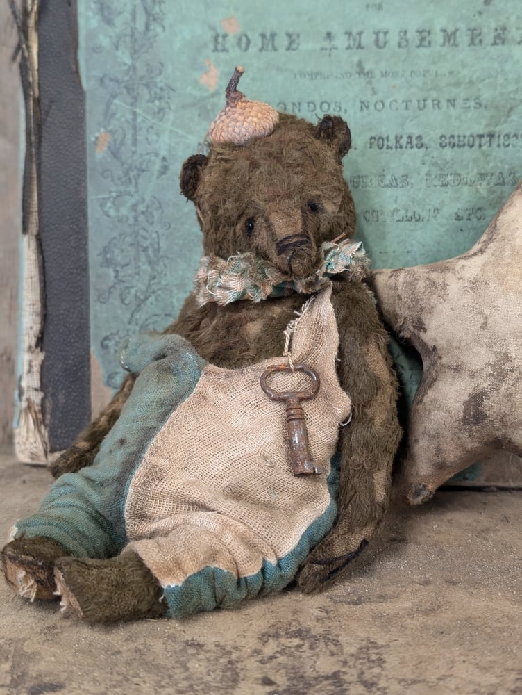 Image of 7" - Old Frumpy Toy Carnival Teddy Bear in romper & an ACORN "hat"  by Whendi's Bears