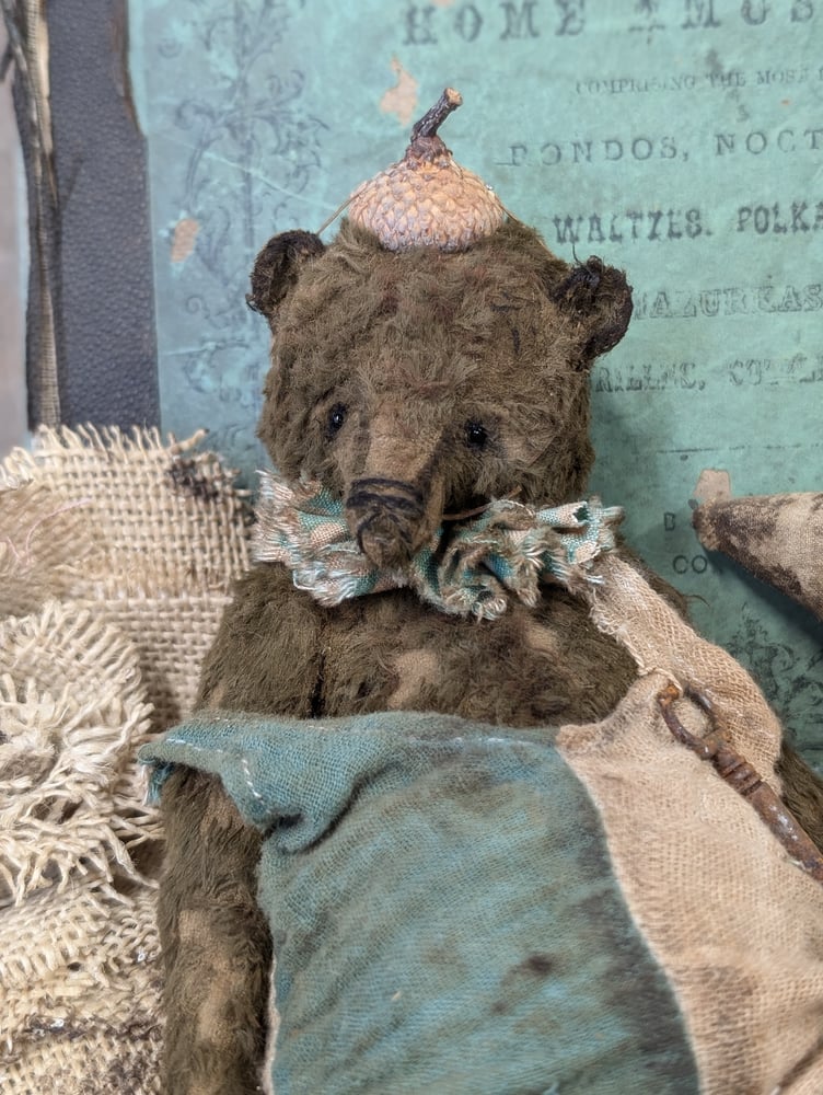 Image of 7" - Old Frumpy Toy Carnival Teddy Bear in romper & an ACORN "hat"  by Whendi's Bears