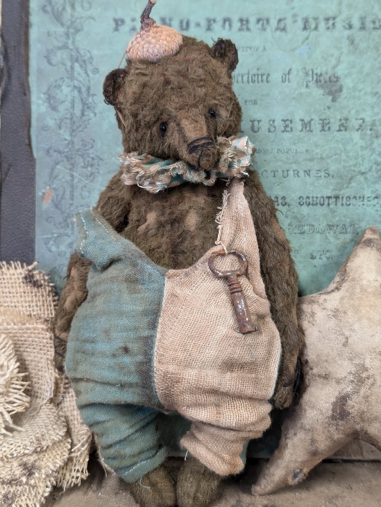 Image of 7" - Old Frumpy Toy Carnival Teddy Bear in romper & an ACORN "hat"  by Whendi's Bears