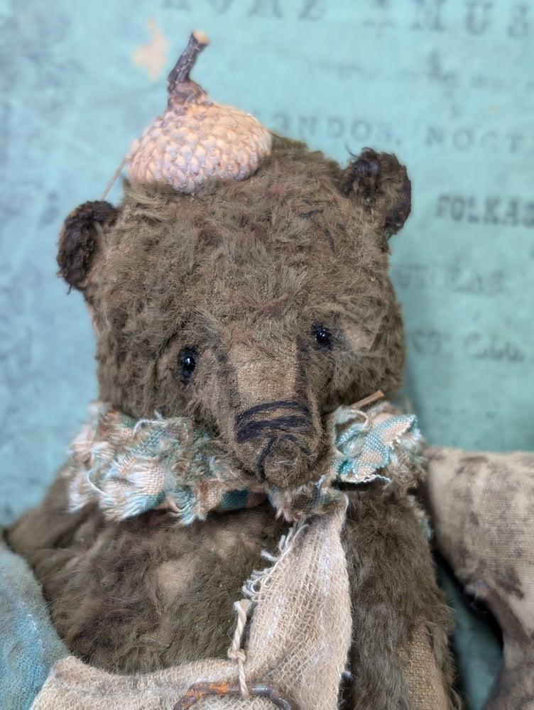 Image of 7" - Old Frumpy Toy Carnival Teddy Bear in romper & an ACORN "hat"  by Whendi's Bears